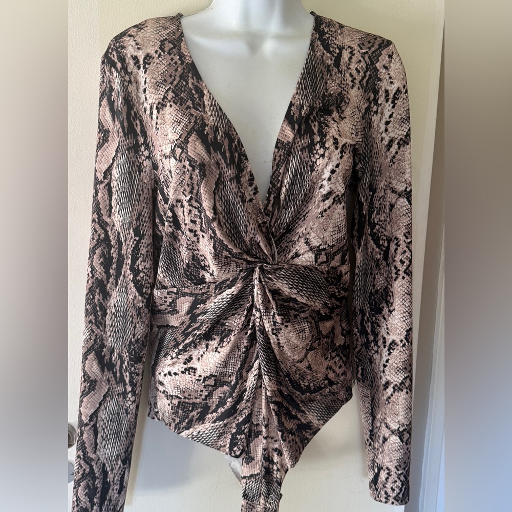L'Agence Snakeskin Print Long Sleeve body suit